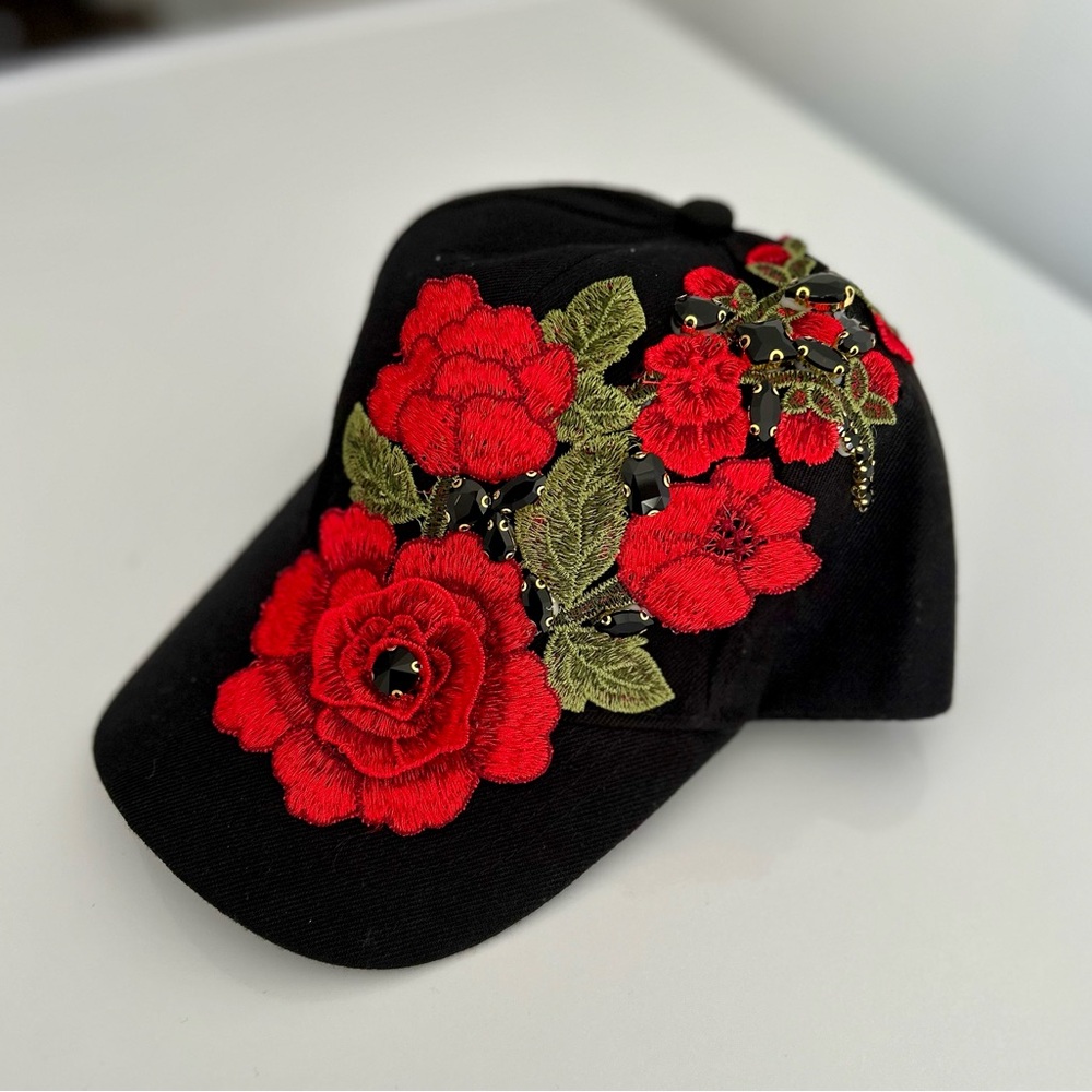 🆕Embroidered Floral Black Cap - Handmade.